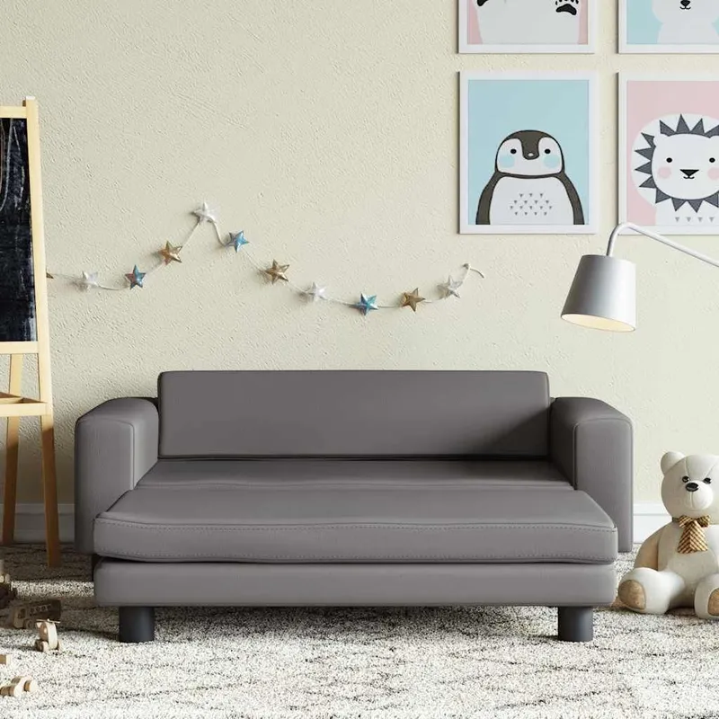 Kindersofa mit Hocker Grau 100x50x30 cm Kunstleder