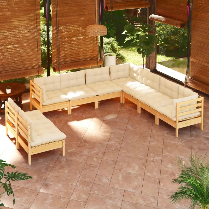 Salon de jardin 9 pcs avec coussins crème bois de pin massif