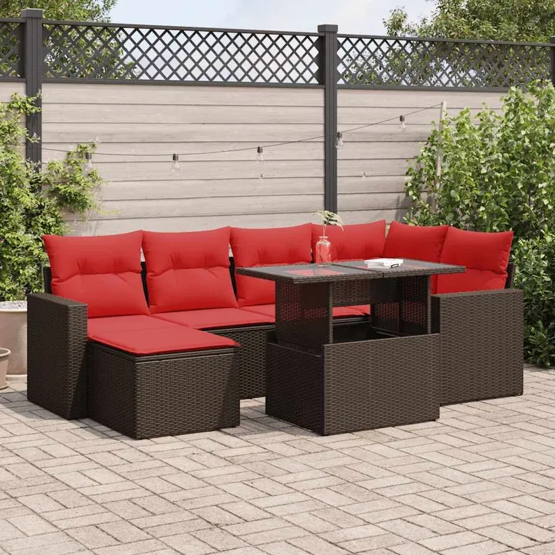 7-tlg. Garten-Sofagarnitur mit Kissen Braun Poly Rattan Akazie