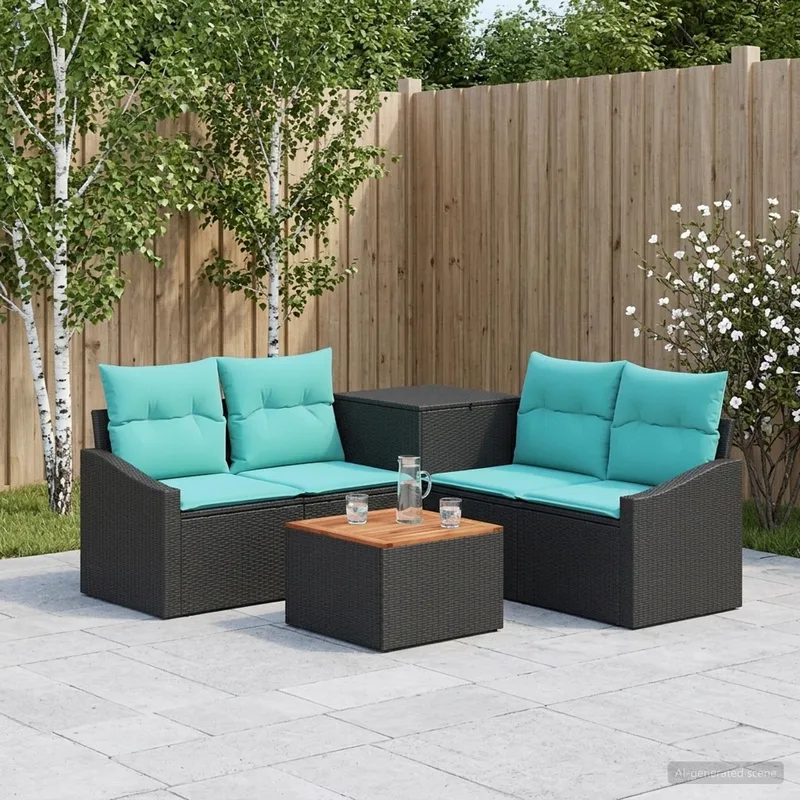 Sofa Set 6 stk. Schwarz und Blau Polyrattan und Stahl