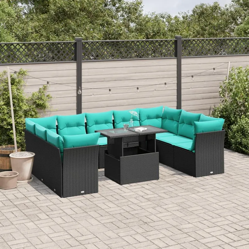 10 pièces salon de jardin avec coussins, noir polyrotin