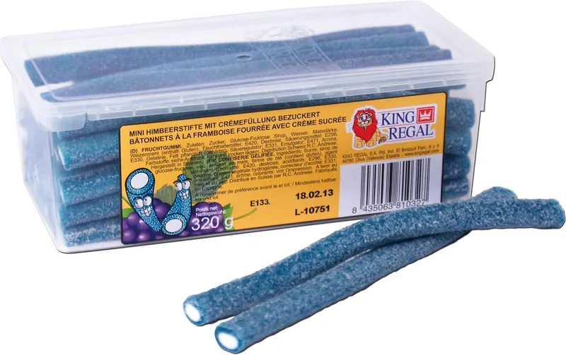 King Regal Gummibonbons Mini Himbeerstifte bezuckert 320 g