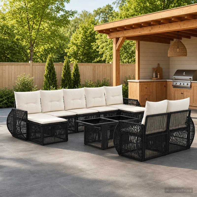 Gartensofa-set 10 stk. Schwarz und Cremeweiß Poly-Rattan