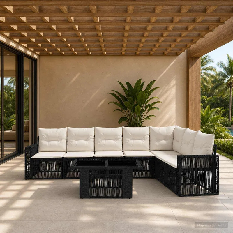 Gartensofa-set 8 stk. Schwarz und Cremeweiß Poly-Rattan
