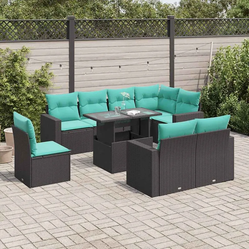 9-teiliges Gartensofa-Set mit Kissen, schwarzes Polyrattan
