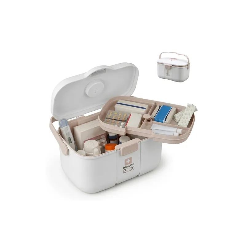 relaxdays Medizinbox aus Kunststoff Beige/Weiss 17 x 28 x 18 cm
