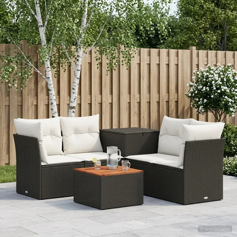 divano Set 6 pz. nero e bianco crema polyrattan e acciaio