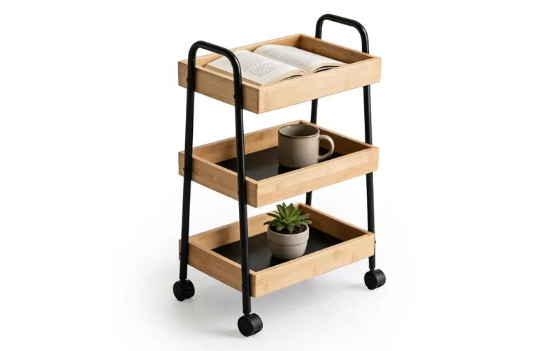 relaxdays Rollwagen Bambus & Metall 3 Fächer 73 x 45,5 x 28 cm
