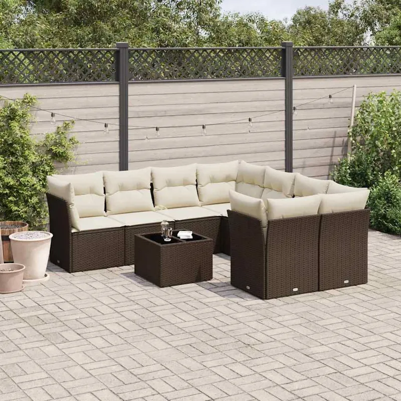 9-tlg. Garten-Sofagarnitur mit Kissen Braun Poly Rattan