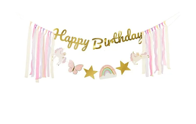 Partydeco Girlande Happy Birthday Einhörner, Rosa/Gold, 230 x 17.5 cm
