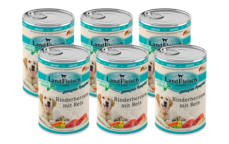 LandFleisch Nassfutter Classic Rinderherzen mit Reis, 6 x 400 g
