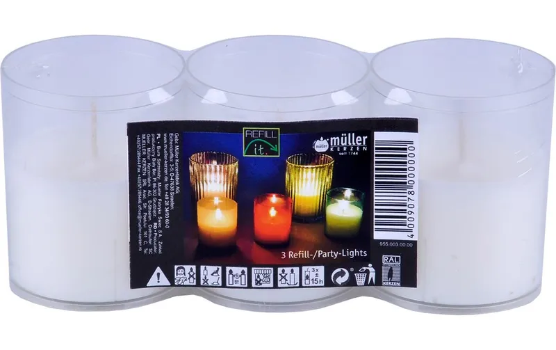 müller Kerzen Refill-it Partylicht 6.5 x 5.2 cm, blanc, 3 pièces