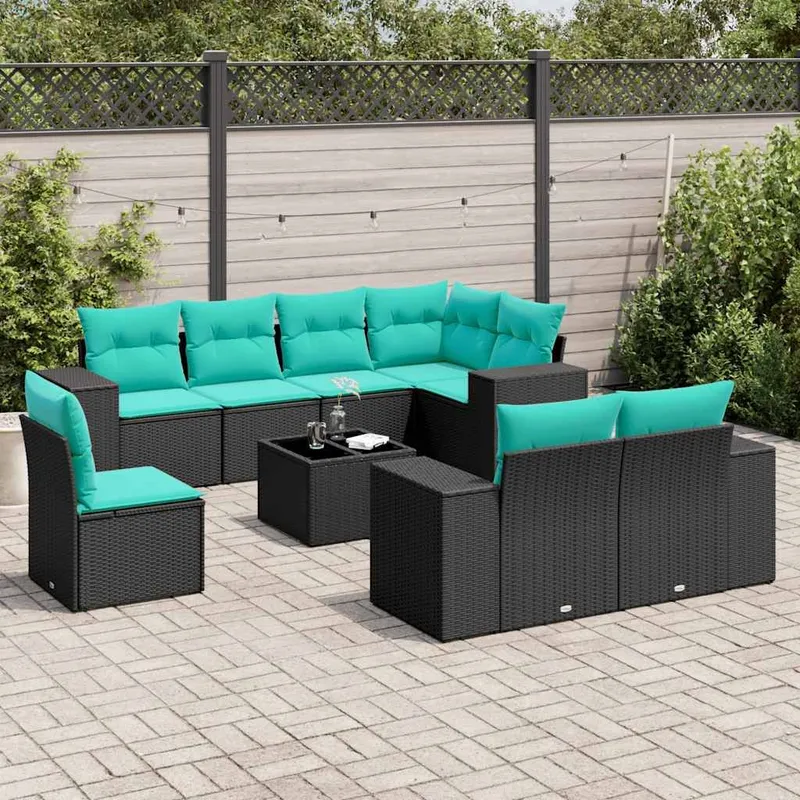 9 pezzi set divano da giardino con cuscini, nero polyrattan