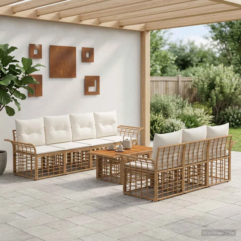 Gartensofa-set 8 stk. Natürlich und Cremweiß Poly-Rattan