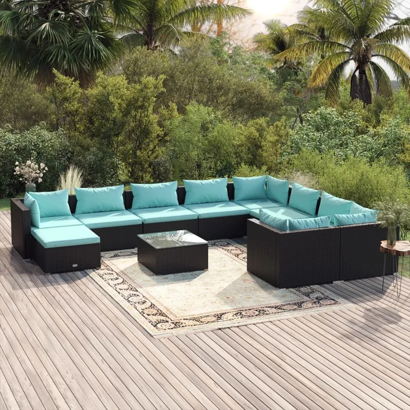 11-tlg. Garten-Lounge-Set mit Kissen Poly Rattan black