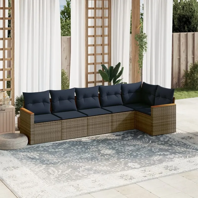 6-teiliges Gartensofa-Set mit Kissen, grau, Polyrattan