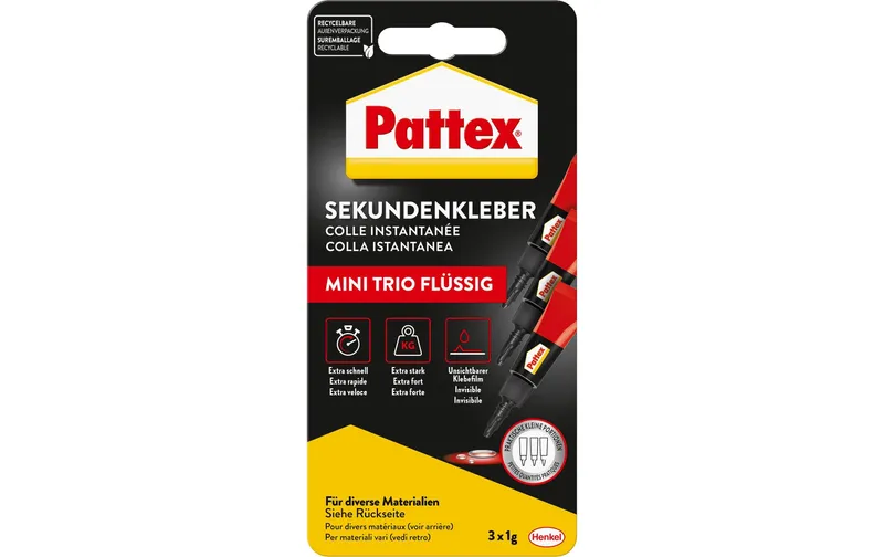 Pattex Sekundenkleber Mini Trio flüssig 3 x 1g, transparent