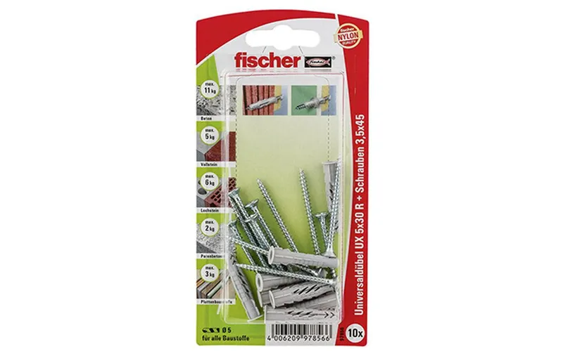 Fischer Universaldübel UX 5 x 30 R S mit Rand, 10 pièces