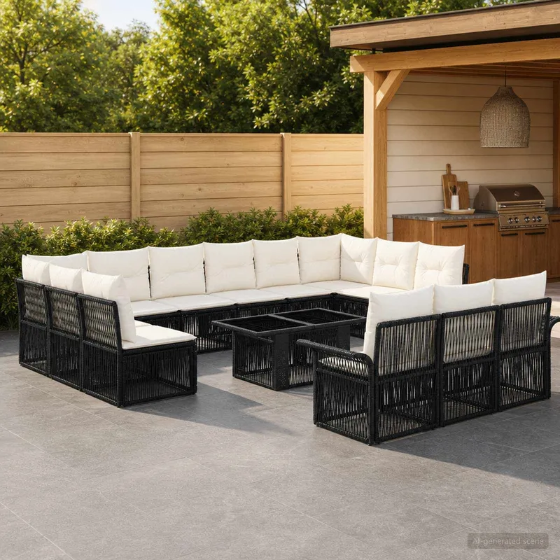 Gartensofa-set 14 stk. Schwarz und Cremeweiß Poly-Rattan