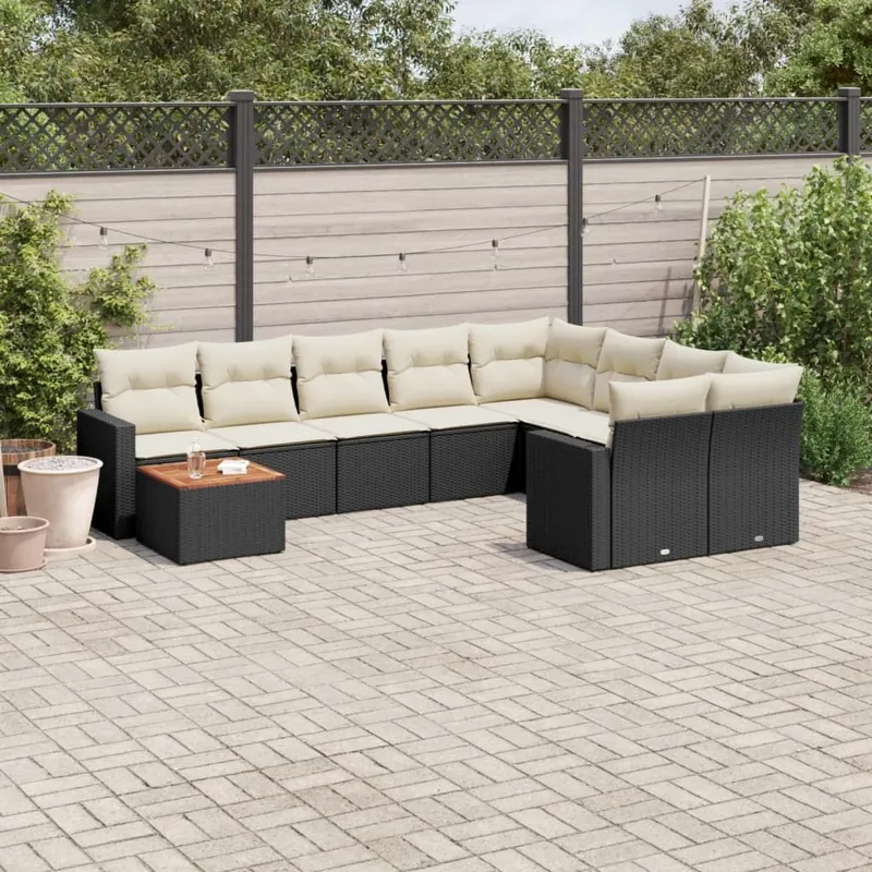 Salon de jardin 10 pcs avec coussins noir résine tressée