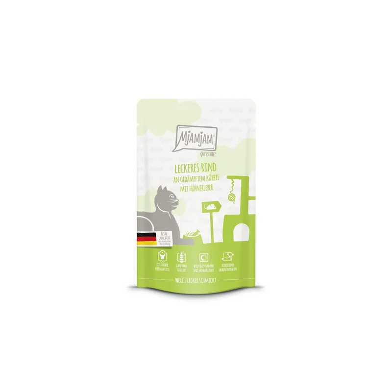 Mjamjam Nassfutter Quetschie Rind & Kürbis, 125 g