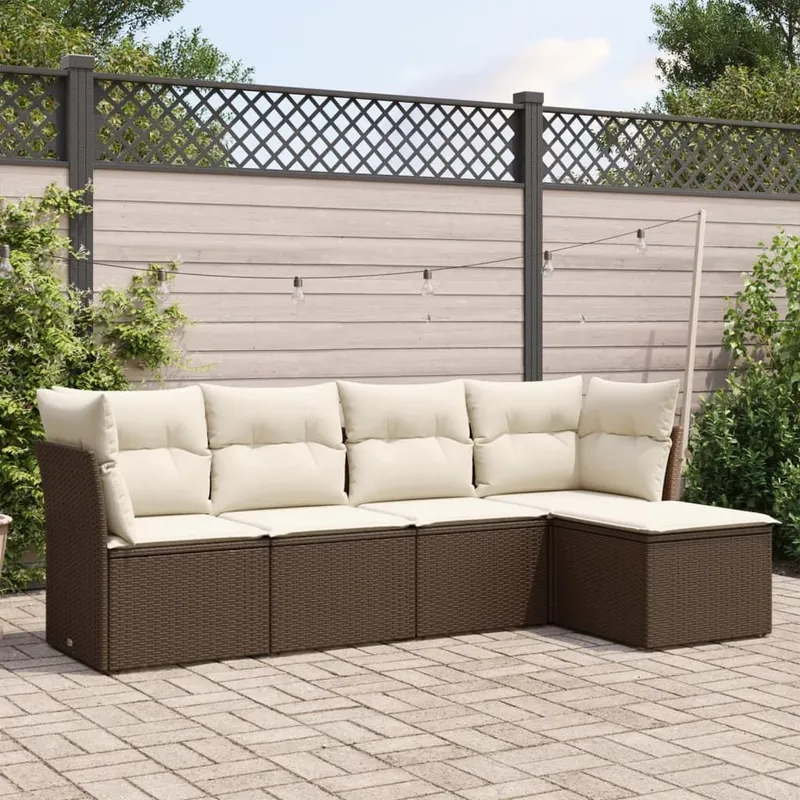 5-tlg. garden sofa set with cushions brown Poly Rattan