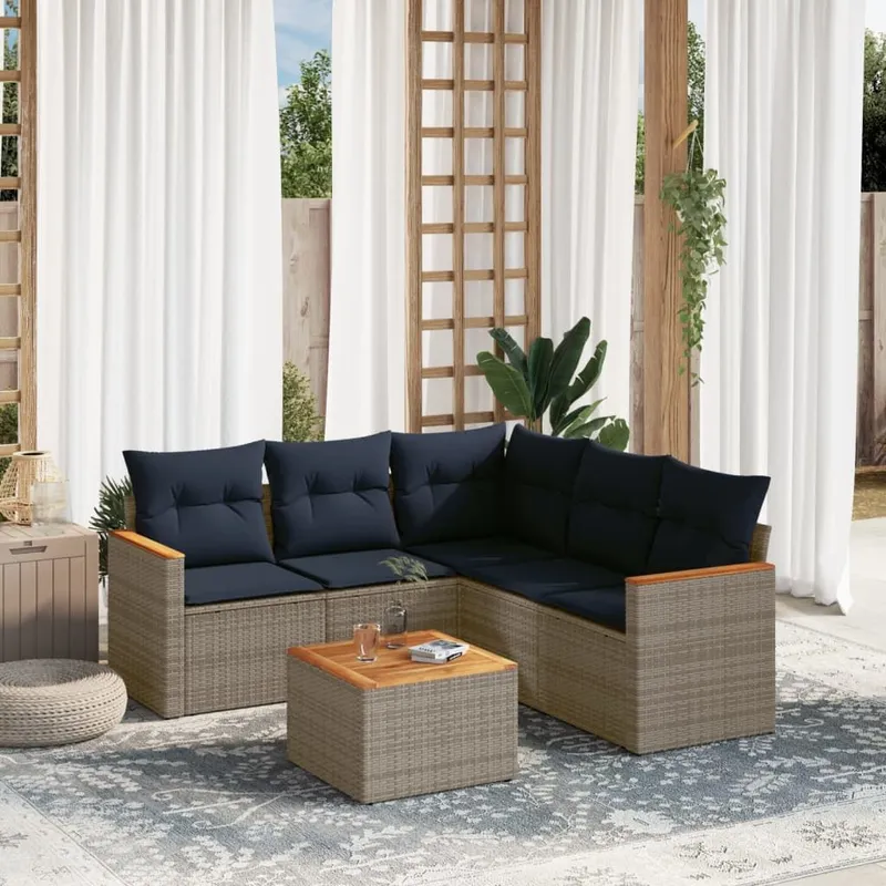 6-teiliges Gartensofa-Set mit Kissen, grau, Polyrattan