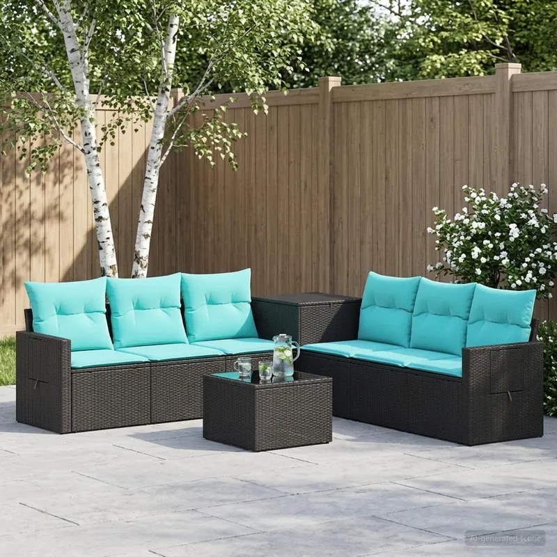 Sofa Set 8 stk. Schwarz und Blau Polyrattan und Stahl