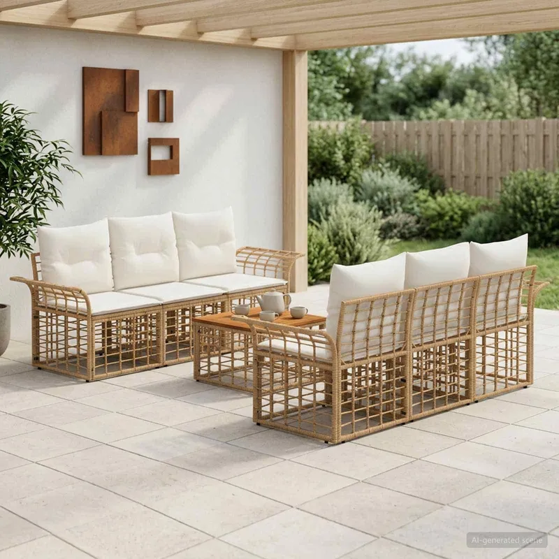 Outdoor-Sofagarnitur 7 stk. Natürlich und Cremweiß Poly-Rattan