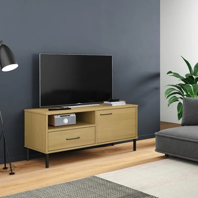 Mobile TV OSLO con Gambe in Metallo, Marrone Legno Massello di Pino