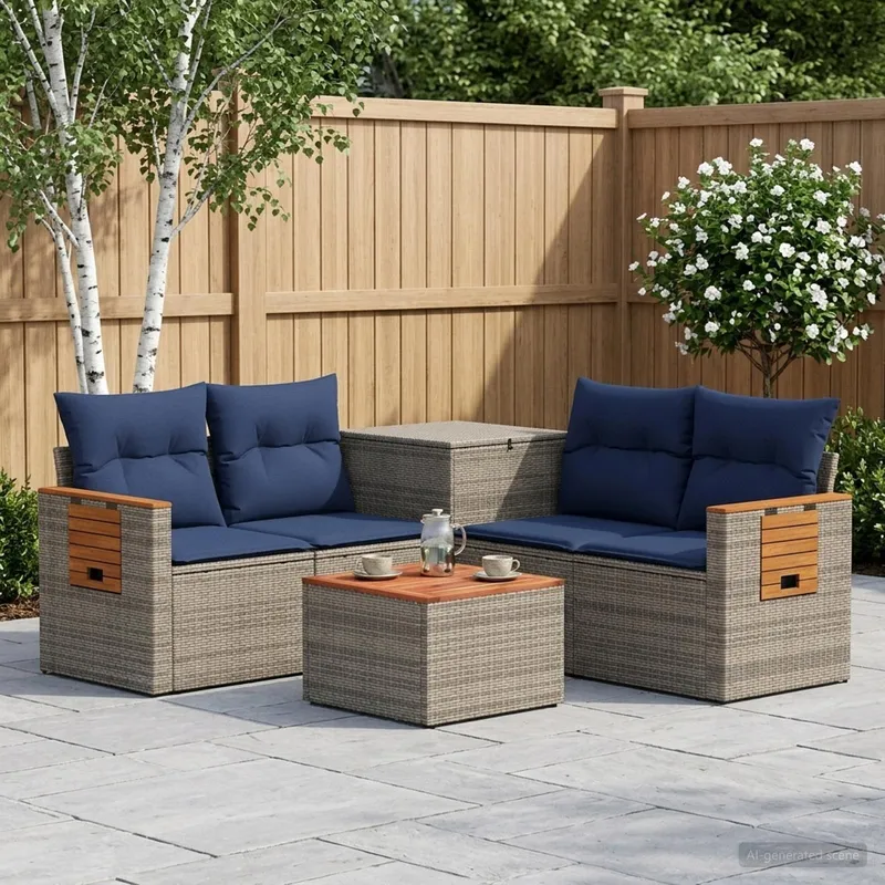 Sofa Set 6 stk. Grau und Marineblau Polyrattan und Stahl