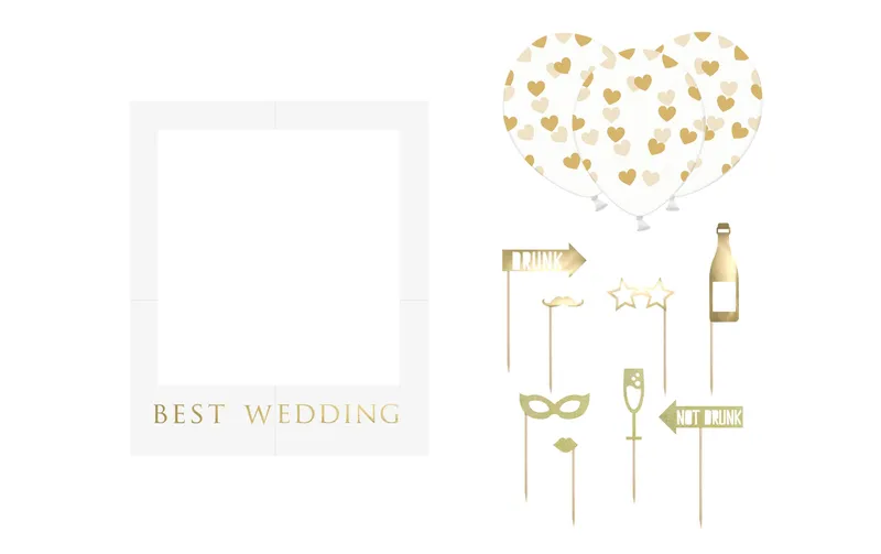 Partydeco Hochzeitsaccessoire Photo Booth Best Wedding 12-teilig, Gold
