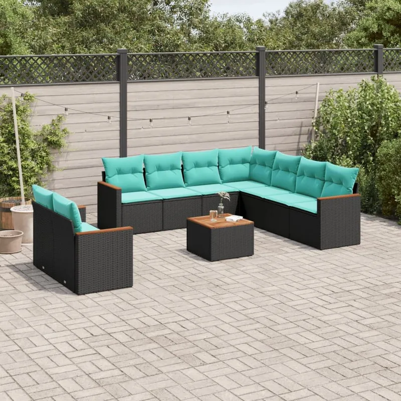 10-teiliges Gartensofa-Set mit Kissen, schwarzes Polyrattan