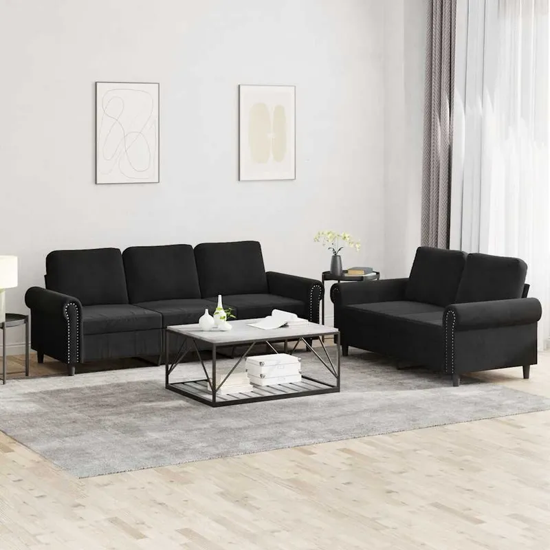 2-tlg. Sofagarnitur mit Kissen nero Samt