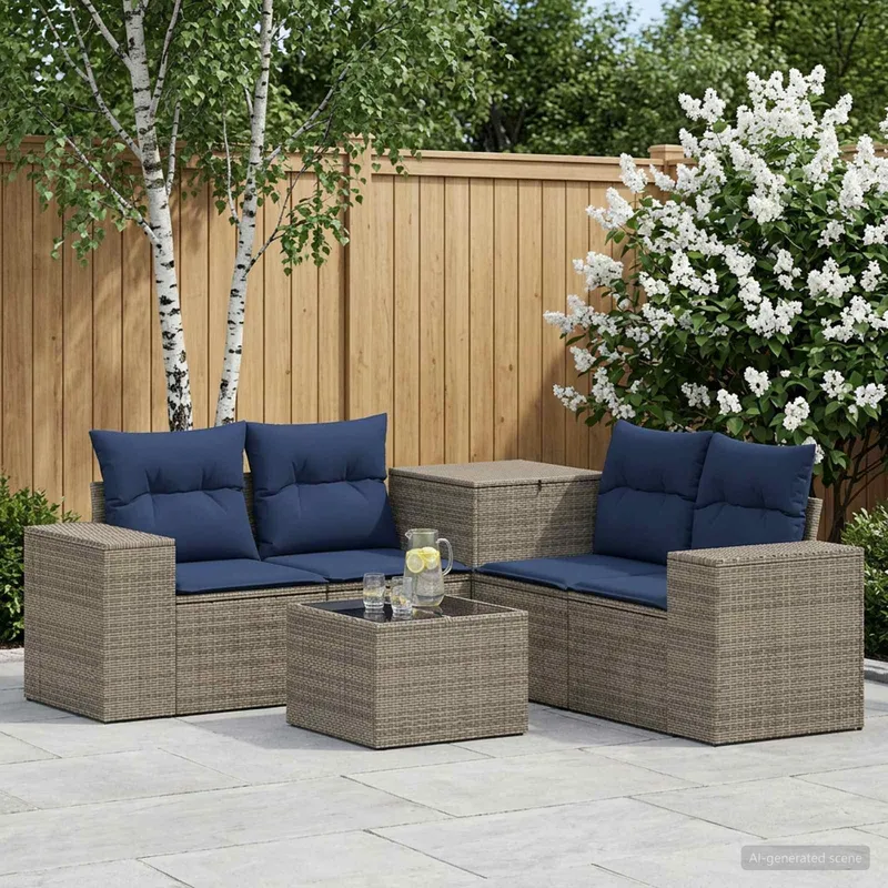 divano Set 6 pz. grigio e Marineblau polyrattan e acciaio