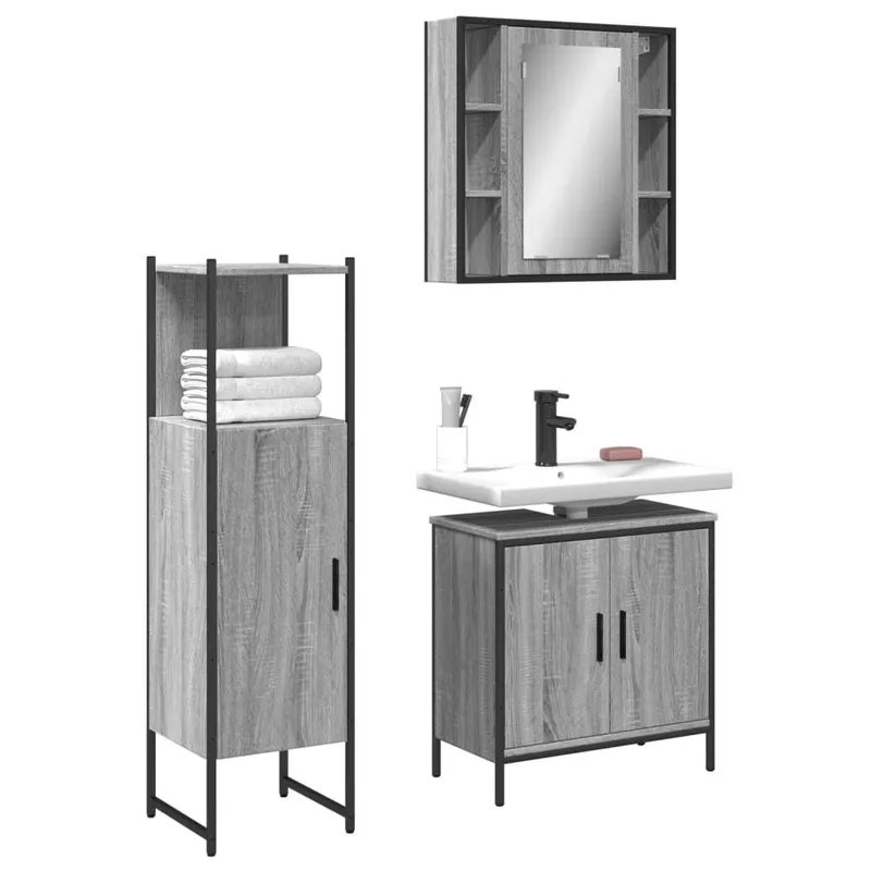 3-tlg. Badmöbel-Set grigio Sonoma derivato del legno