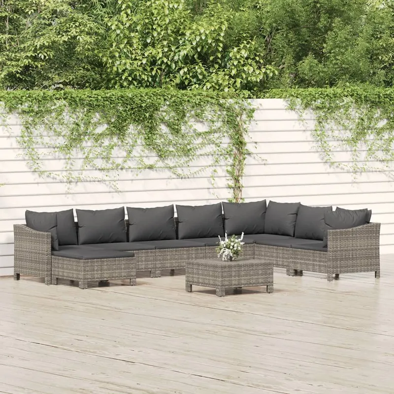 9-tlg. Garten-Lounge-Set mit Kissen Grau Poly Rattan