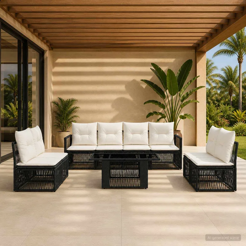 set divano da giardino 9 pz. nero e bianco crema polyrattan