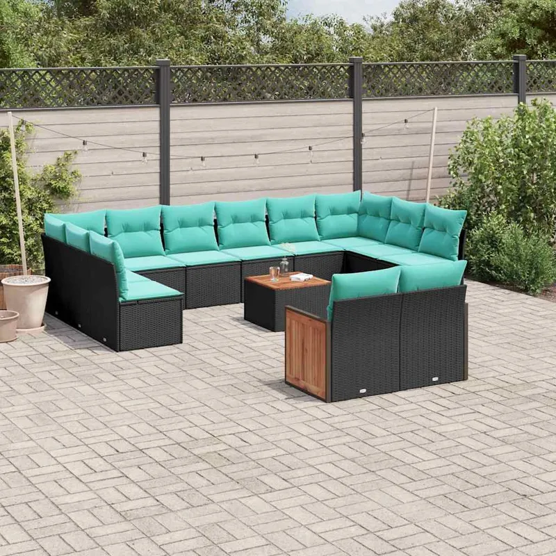 13-teiliges Gartensofa-Set mit Kissen, schwarzes Polyrattan