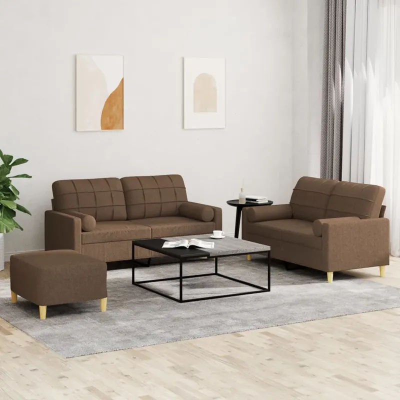 3-tlg. Sofagarnitur mit Kissen marrone tessuto