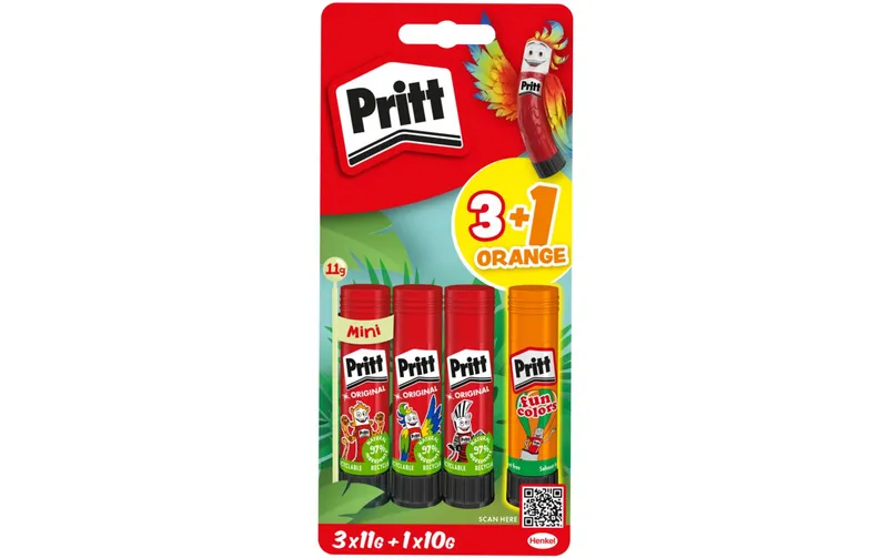 Pritt Colla stick 3x11g + 1x10g, Rosso, Arancione