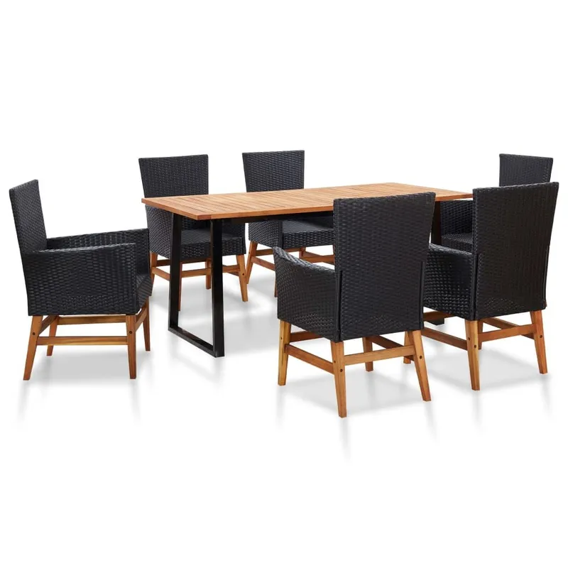 7 pz. set pranzo da giardino Poly Rattan e legno di acacia nero