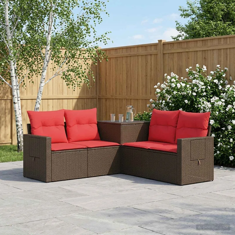 Sofa Set 5 stk. Braun und Rot Polyrattan und Stahl
