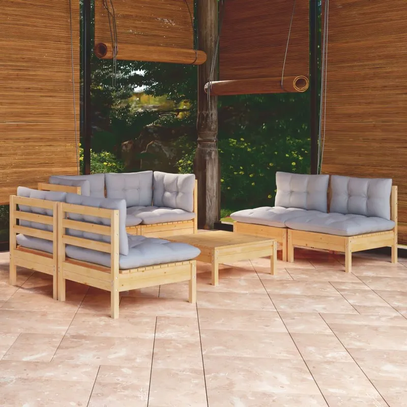 7-tlg. Garten-Lounge-Set mit greyen Kissen Kiefer Massivholz