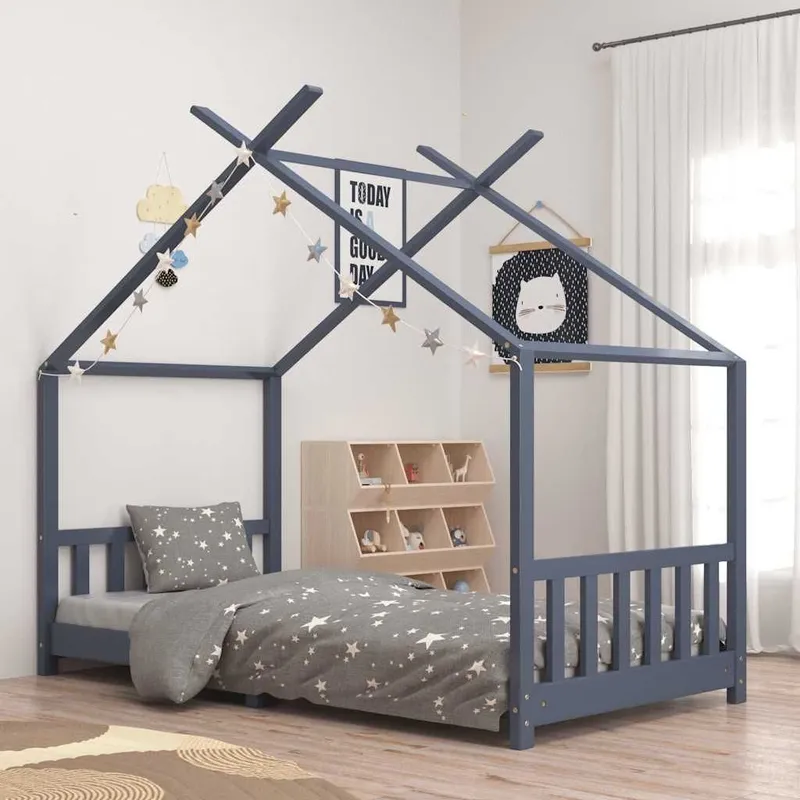 Kinder-Bettgestell grey solid pine wood 90 x 200 cm