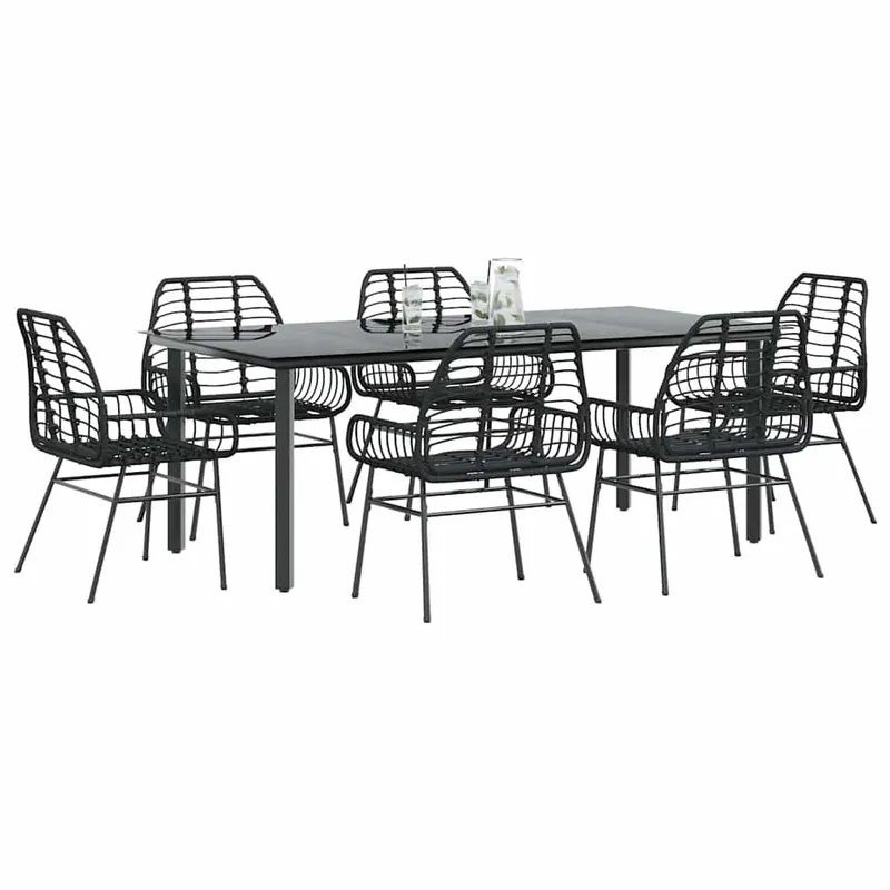 Ensemble à manger de jardin 7pcs noir poly rotin verre