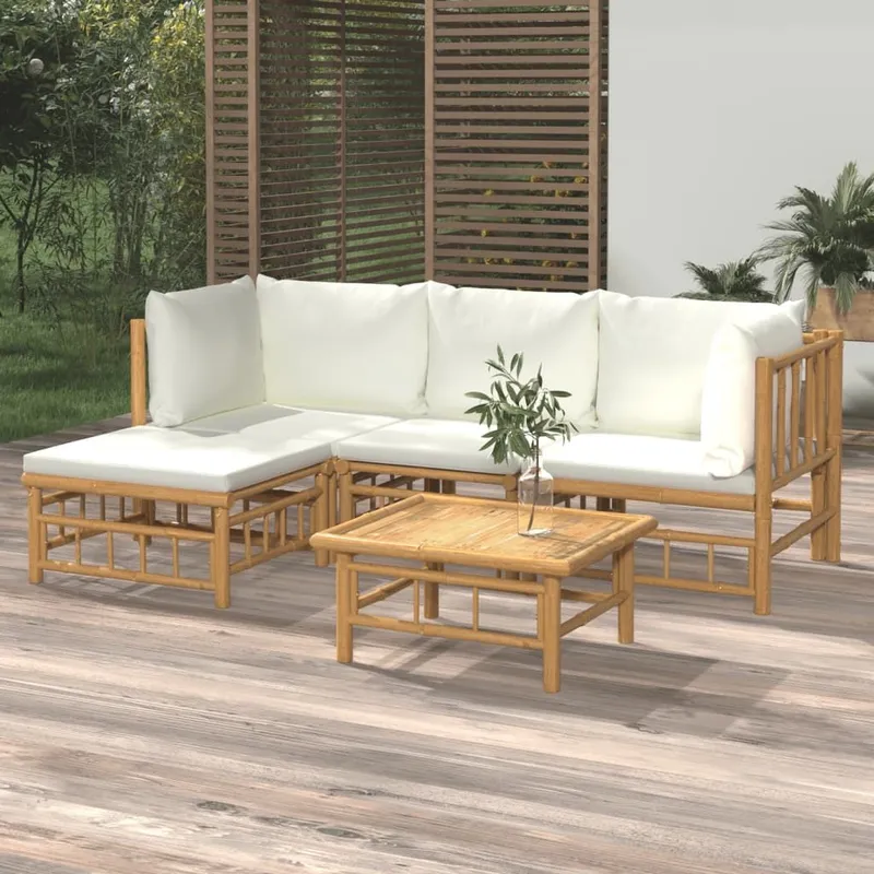 5 pz. Garten-Lounge-Set con Cremeweißen cuscini Bambus