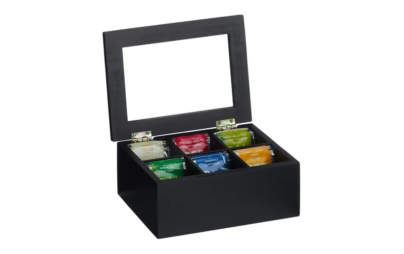 relaxdays Teebeutel-Box 6 Fächer, nero/trasparente