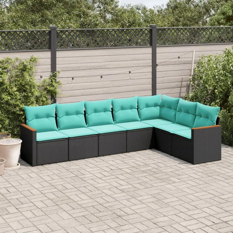 7 pezzi set divano da giardino con cuscini, nero polyrattan