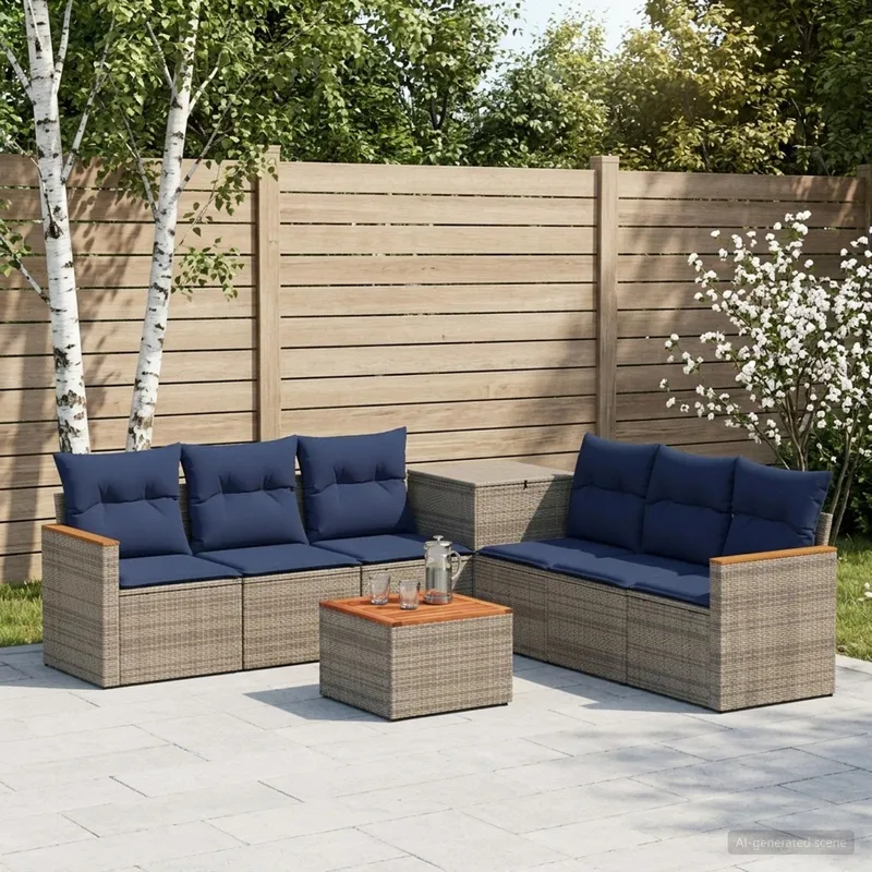 divano Set 8 pz. grigio e Marineblau polyrattan e acciaio